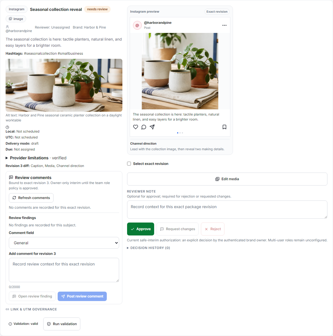 Real exact-revision Instagram review with source media, channel direction, comments, validation, and approval controls